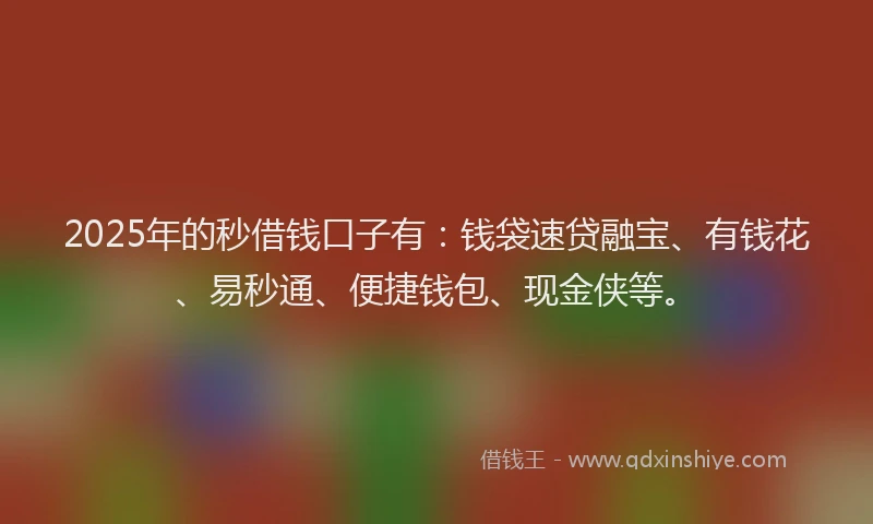 2025年的秒借钱口子有：钱袋速贷融宝、有钱花、易秒通、便捷钱包、现金侠等。