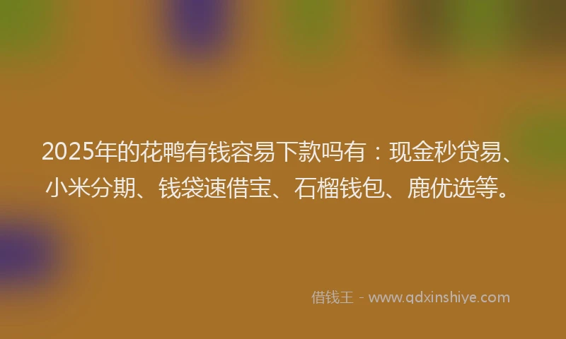 2025年的花鸭有钱容易下款吗有：现金秒贷易、小米分期、钱袋速借宝、石榴钱包、鹿优选等。