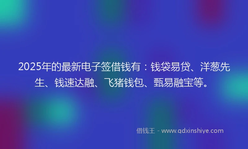 2025年的最新电子签借钱有：钱袋易贷、洋葱先生、钱速达融、飞猪钱包、甄易融宝等。