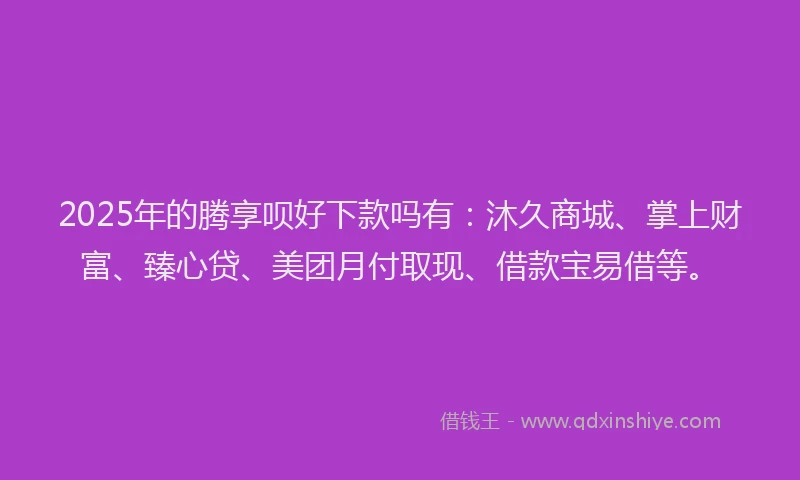 2025年的腾享呗好下款吗有：沐久商城、掌上财富、臻心贷、美团月付取现、借款宝易借等。