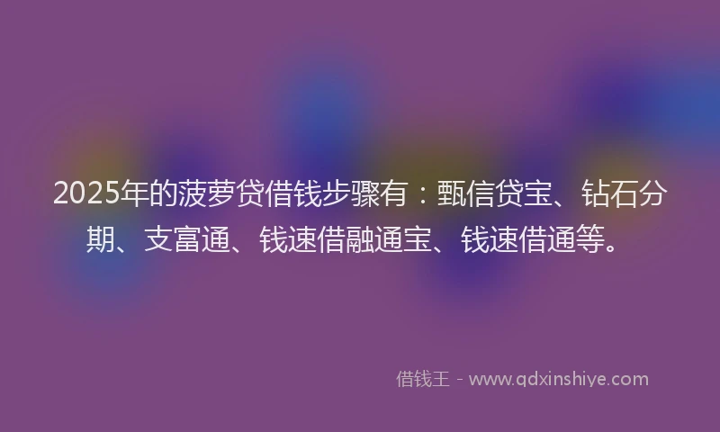 2025年的菠萝贷借钱步骤有：甄信贷宝、钻石分期、支富通、钱速借融通宝、钱速借通等。