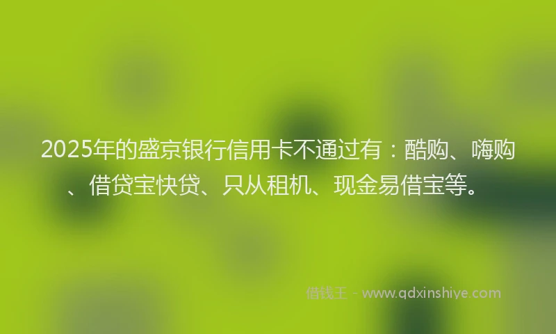 2025年的盛京银行信用卡不通过有：酷购、嗨购、借贷宝快贷、只从租机、现金易借宝等。