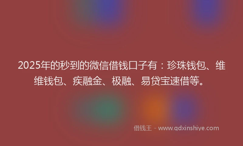 2025年的秒到的微信借钱口子有：珍珠钱包、维维钱包、疾融金、极融、易贷宝速借等。