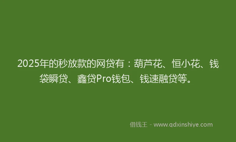 2025年的秒放款的网贷有：葫芦花、恒小花、钱袋瞬贷、鑫贷Pro钱包、钱速融贷等。