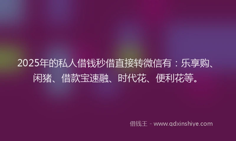 2025年的私人借钱秒借直接转微信有：乐享购、闲猪、借款宝速融、时代花、便利花等。