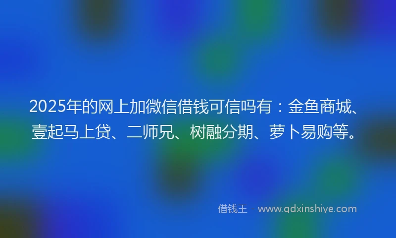 2025年的网上加微信借钱可信吗有：金鱼商城、壹起马上贷、二师兄、树融分期、萝卜易购等。