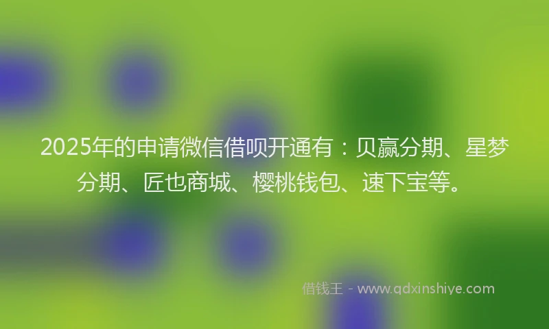 2025年的申请微信借呗开通有：贝赢分期、星梦分期、匠也商城、樱桃钱包、速下宝等。