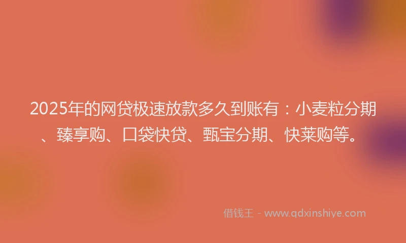2025年的网贷极速放款多久到账有：小麦粒分期、臻享购、口袋快贷、甄宝分期、快莱购等。