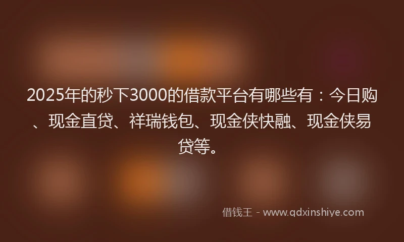 2025年的秒下3000的借款平台有哪些有：今日购、现金直贷、祥瑞钱包、现金侠快融、现金侠易贷等。