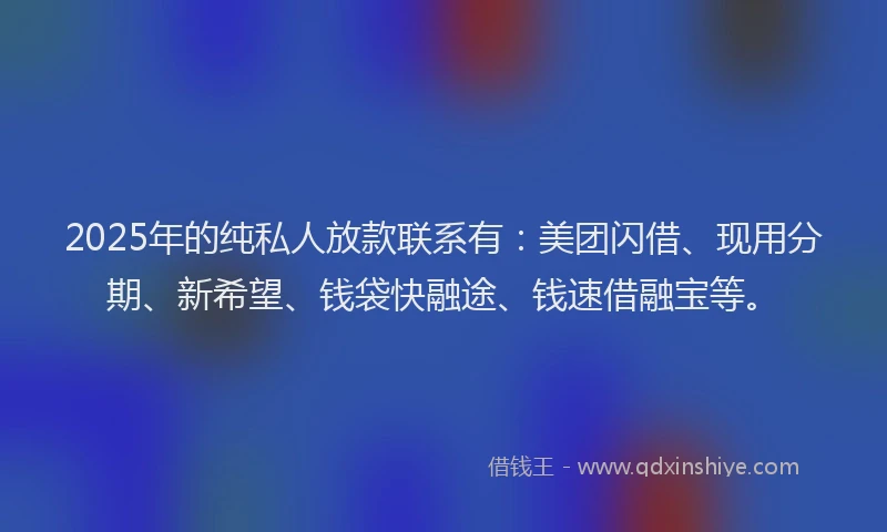 2025年的纯私人放款联系有：美团闪借、现用分期、新希望、钱袋快融途、钱速借融宝等。