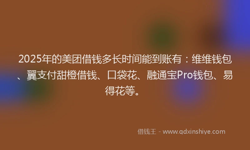 2025年的美团借钱多长时间能到账有：维维钱包、翼支付甜橙借钱、口袋花、融通宝Pro钱包、易得花等。