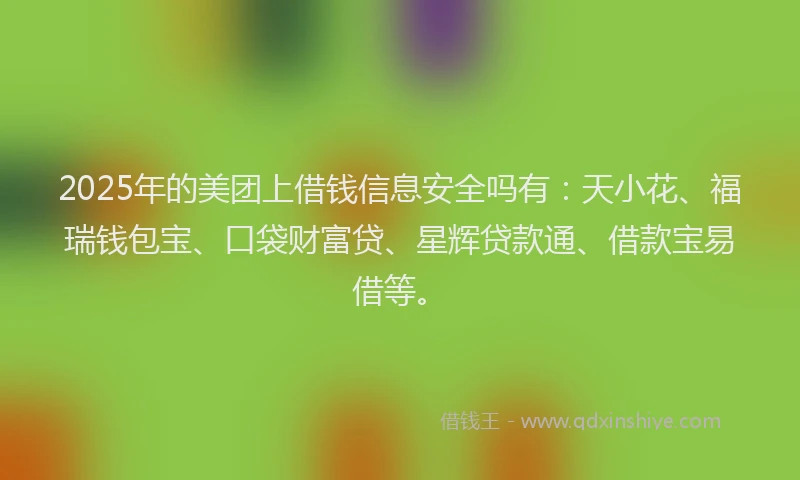 2025年的美团上借钱信息安全吗有：天小花、福瑞钱包宝、口袋财富贷、星辉贷款通、借款宝易借等。
