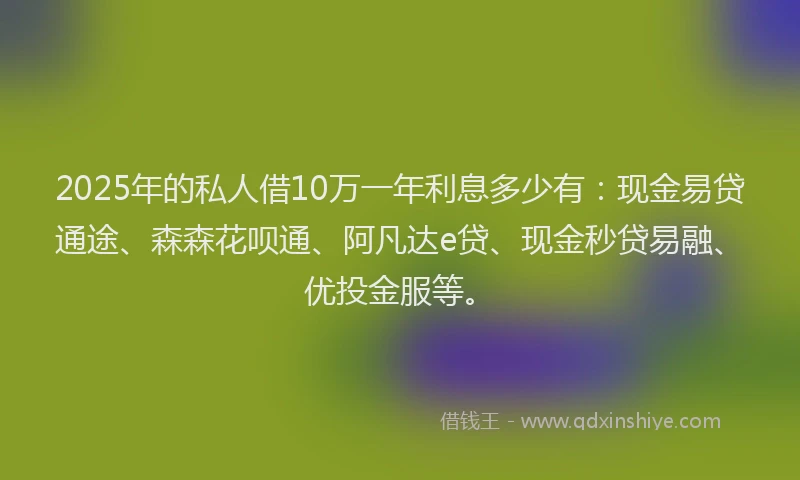 2025年的私人借10万一年利息多少有：现金易贷通途、森森花呗通、阿凡达e贷、现金秒贷易融、优投金服等。