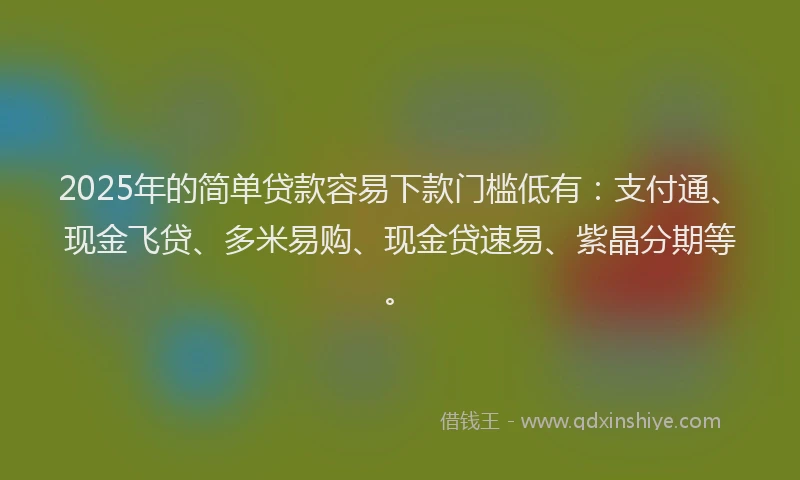 2025年的简单贷款容易下款门槛低有：支付通、现金飞贷、多米易购、现金贷速易、紫晶分期等。