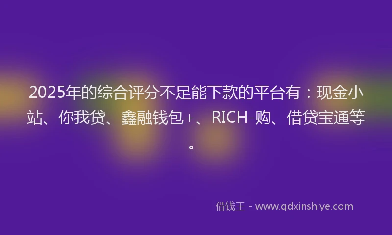 2025年的综合评分不足能下款的平台有：现金小站、你我贷、鑫融钱包+、RICH-购、借贷宝通等。