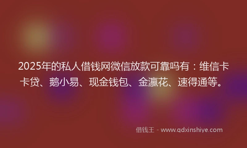 2025年的私人借钱网微信放款可靠吗有：维信卡卡贷、鹅小易、现金钱包、金瀛花、速得通等。