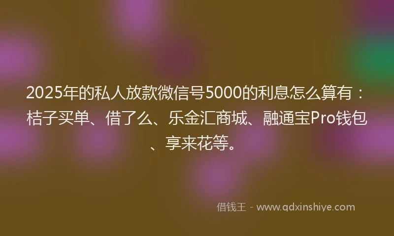 2025年的私人放款微信号5000的利息怎么算有：桔子买单、借了么、乐金汇商城、融通宝Pro钱包、享来花等。