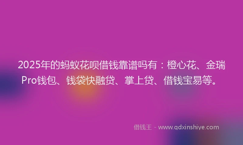 2025年的蚂蚁花呗借钱靠谱吗有：橙心花、金瑞Pro钱包、钱袋快融贷、掌上贷、借钱宝易等。