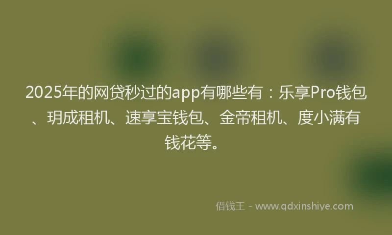 2025年的网贷秒过的app有哪些有：乐享Pro钱包、玥成租机、速享宝钱包、金帝租机、度小满有钱花等。