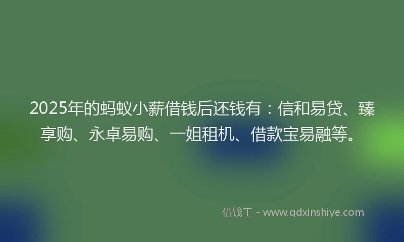 2025年的蚂蚁小薪借钱后还钱有：信和易贷、臻享购、永卓易购、一姐租机、借款宝易融等。