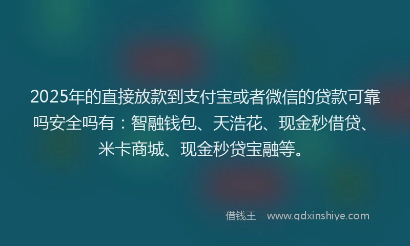 2025年的直接放款到支付宝或者微信的贷款可靠吗安全吗有：智融钱包、天浩花、现金秒借贷、米卡商城、现金秒贷宝融等。