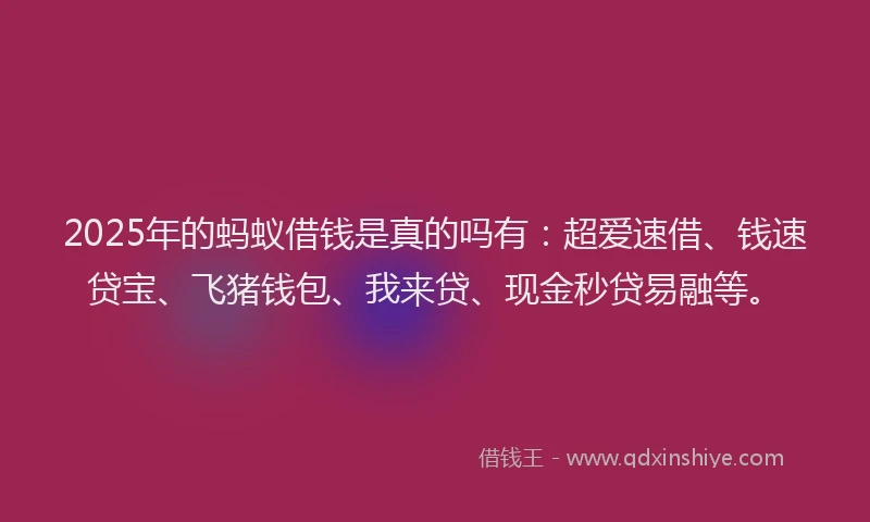 2025年的蚂蚁借钱是真的吗有：超爱速借、钱速贷宝、飞猪钱包、我来贷、现金秒贷易融等。