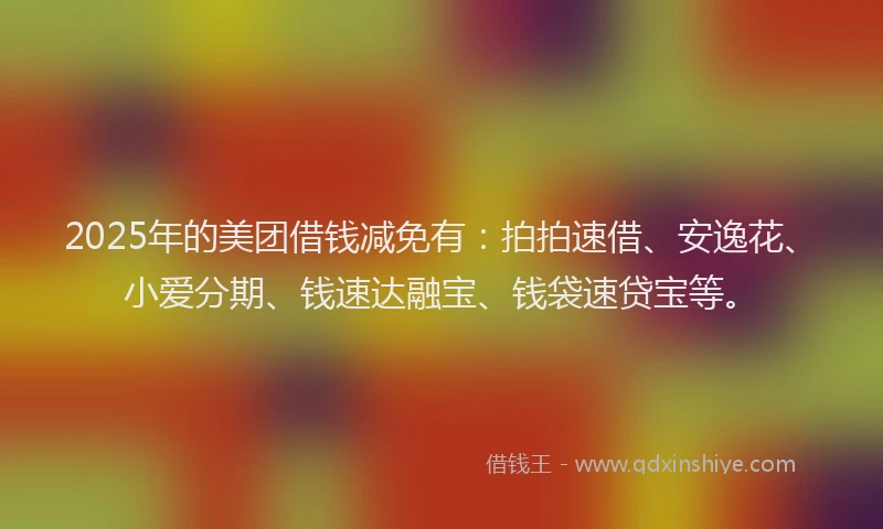 2025年的美团借钱减免有：拍拍速借、安逸花、小爱分期、钱速达融宝、钱袋速贷宝等。