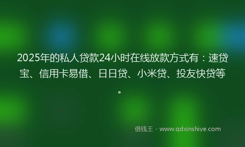 2025年的私人贷款24小时在线放款方式有：速贷宝、信用卡易借、日日贷、小米贷、投友快贷等。