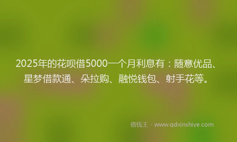 2025年的花呗借5000一个月利息有：随意优品、星梦借款通、朵拉购、融悦钱包、射手花等。