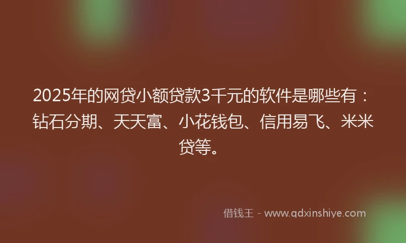 2025年的网贷小额贷款3千元的软件是哪些有：钻石分期、天天富、小花钱包、信用易飞、米米贷等。