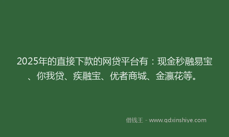 2025年的直接下款的网贷平台有：现金秒融易宝、你我贷、疾融宝、优者商城、金瀛花等。