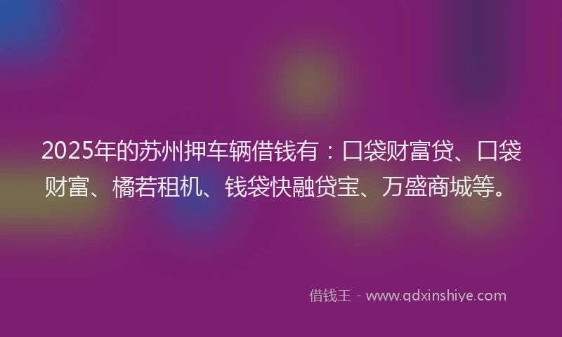 2025年的苏州押车辆借钱有：口袋财富贷、口袋财富、橘若租机、钱袋快融贷宝、万盛商城等。