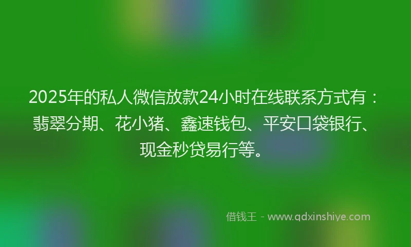 2025年的私人微信放款24小时在线联系方式有：翡翠分期、花小猪、鑫速钱包、平安口袋银行、现金秒贷易行等。