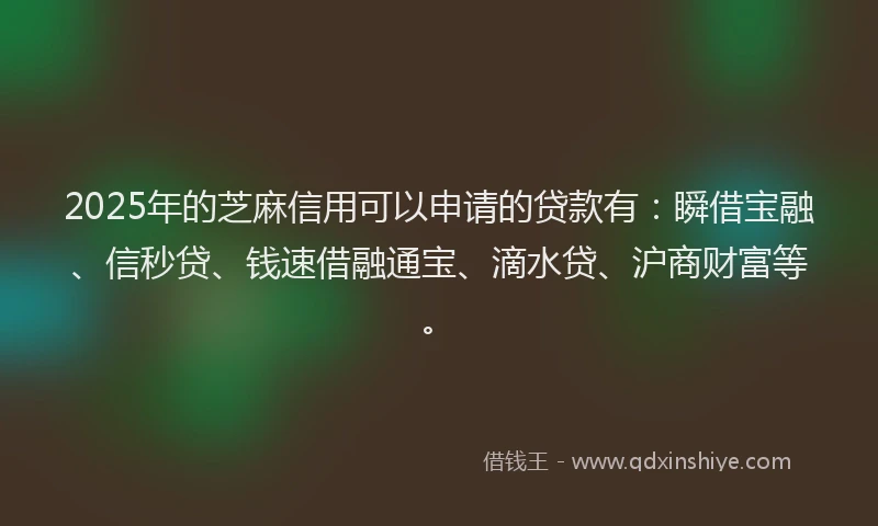 2025年的芝麻信用可以申请的贷款有：瞬借宝融、信秒贷、钱速借融通宝、滴水贷、沪商财富等。