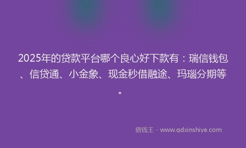 2025年的贷款平台哪个良心好下款有：瑞信钱包、信贷通、小金象、现金秒借融途、玛瑙分期等。