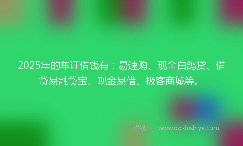 2025年的车证借钱有：易速购、现金白鸽贷、借贷易融贷宝、现金易借、极客商城等。