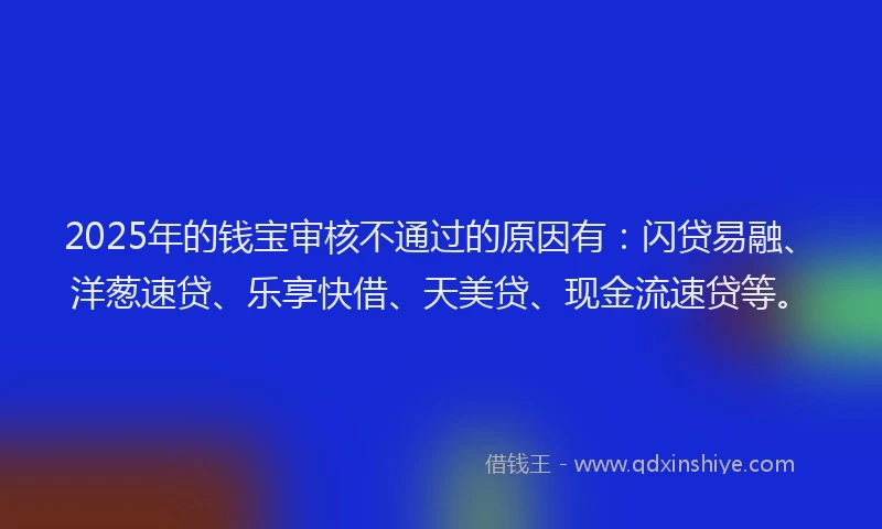 2025年的钱宝审核不通过的原因有：闪贷易融、洋葱速贷、乐享快借、天美贷、现金流速贷等。