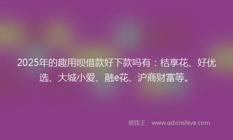 2025年的趣用呗借款好下款吗有：桔享花、好优选、大城小爱、融e花、沪商财富等。