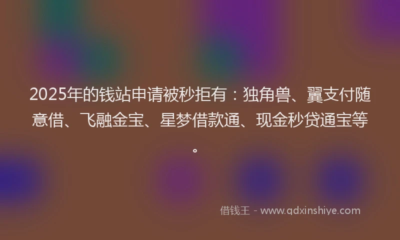 2025年的钱站申请被秒拒有：独角兽、翼支付随意借、飞融金宝、星梦借款通、现金秒贷通宝等。