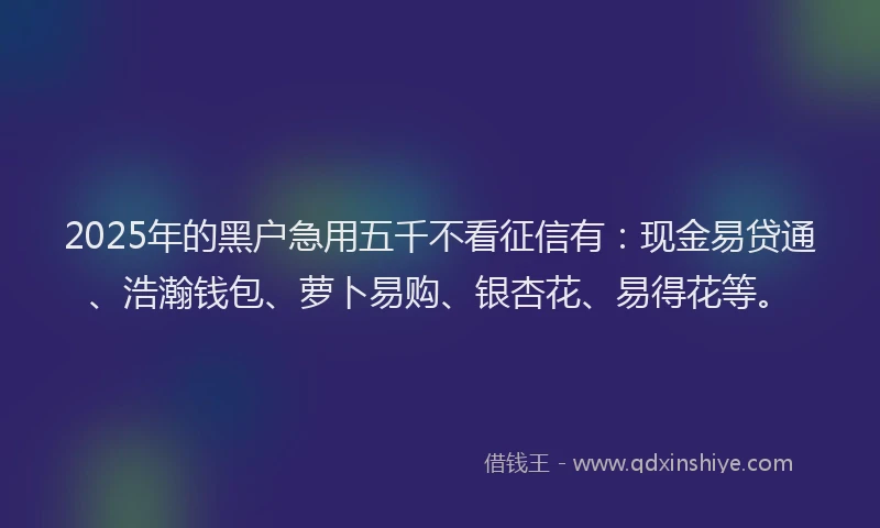 2025年的黑户急用五千不看征信有：现金易贷通、浩瀚钱包、萝卜易购、银杏花、易得花等。