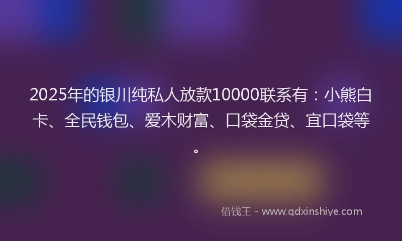 2025年的银川纯私人放款10000联系有：小熊白卡、全民钱包、爱木财富、口袋金贷、宜口袋等。
