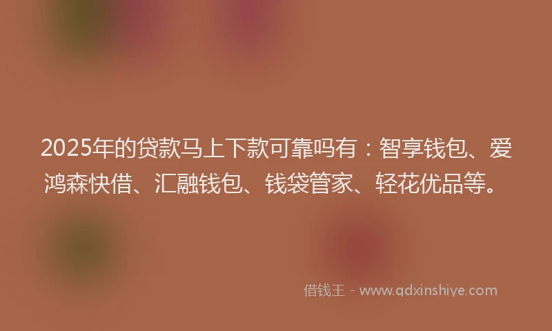 2025年的贷款马上下款可靠吗有：智享钱包、爱鸿森快借、汇融钱包、钱袋管家、轻花优品等。