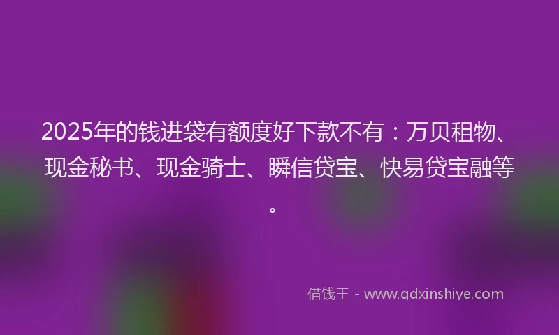 2025年的钱进袋有额度好下款不有：万贝租物、现金秘书、现金骑士、瞬信贷宝、快易贷宝融等。