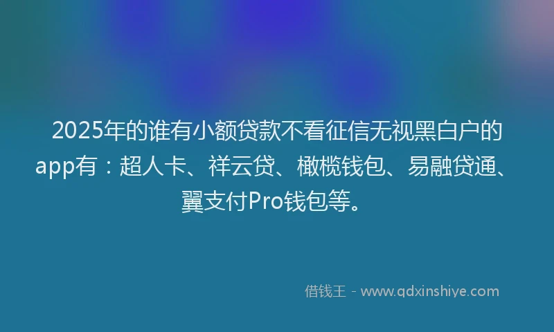 2025年的谁有小额贷款不看征信无视黑白户的app有：超人卡、祥云贷、橄榄钱包、易融贷通、翼支付Pro钱包等。