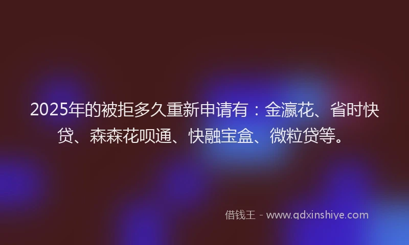 2025年的被拒多久重新申请有：金瀛花、省时快贷、森森花呗通、快融宝盒、微粒贷等。