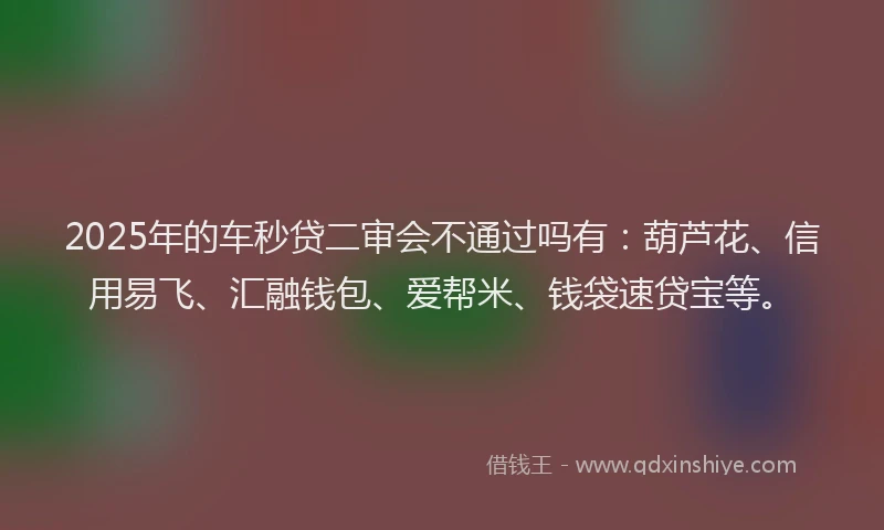 2025年的车秒贷二审会不通过吗有：葫芦花、信用易飞、汇融钱包、爱帮米、钱袋速贷宝等。