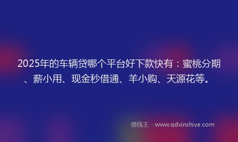 2025年的车辆贷哪个平台好下款快有：蜜桃分期、薪小用、现金秒借通、羊小购、天源花等。