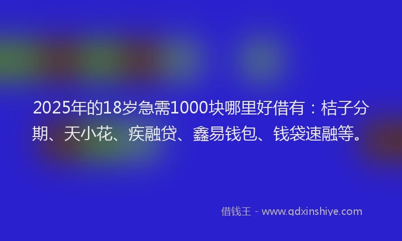 2025年的18岁急需1000块哪里好借有：桔子分期、天小花、疾融贷、鑫易钱包、钱袋速融等。