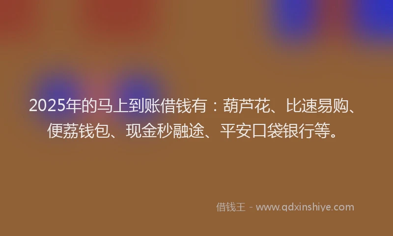 2025年的马上到账借钱有：葫芦花、比速易购、便荔钱包、现金秒融途、平安口袋银行等。