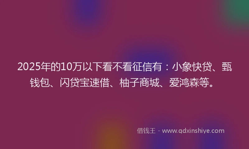 2025年的10万以下看不看征信有：小象快贷、甄钱包、闪贷宝速借、柚子商城、爱鸿森等。